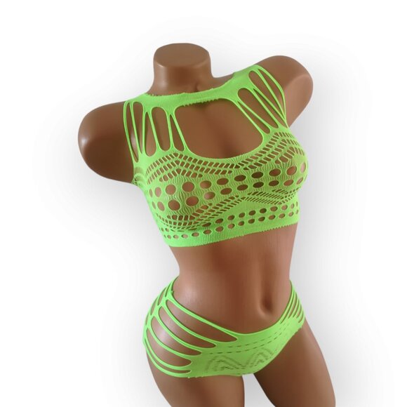 Fluorecent Green Net Bra and Panty Lingerie Set - Picture 6 of 9